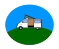 Mobile home on the background. House on wheels. Cartoon. Vector.